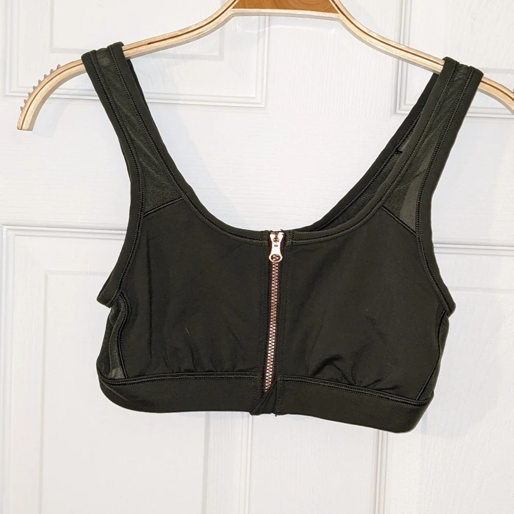 Aerie Green Gold Zipper Sports Bra Mesh Women's Size Small Yoga Active Gym - Picture 1 of 6